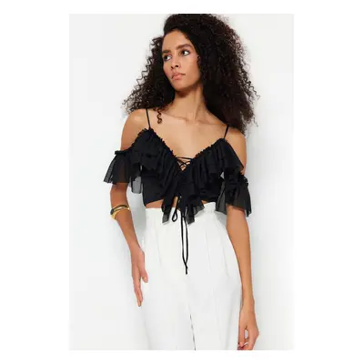 Trendyol Black Crop kötött fodros blúz