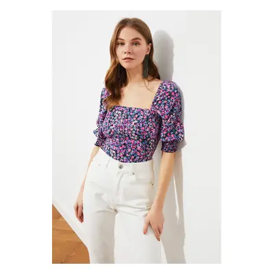 Trendyol Multi Color Crop Woven Square Neck Floral Pattern Blouse