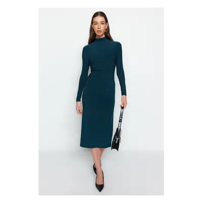 Trendyol Emerald Green Draped Detail High Neck A-Line Stretch Midi kötött ruha