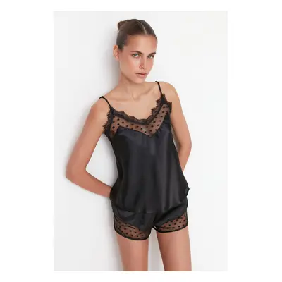 Trendyol Black Polka Dot Tulle and Lace Detailed Satin Woven Pajama Set