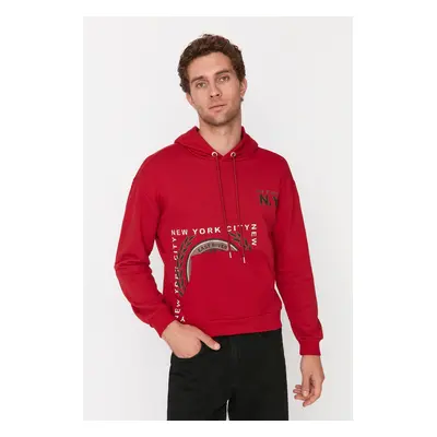 Trendyol Men's Burgundy Relaxed Fit Hooded Printed Sweatshirt