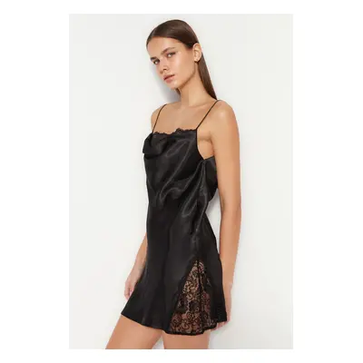 Trendyol Black Lace Rope Strap Cowl Neck Satin Woven Nightgown