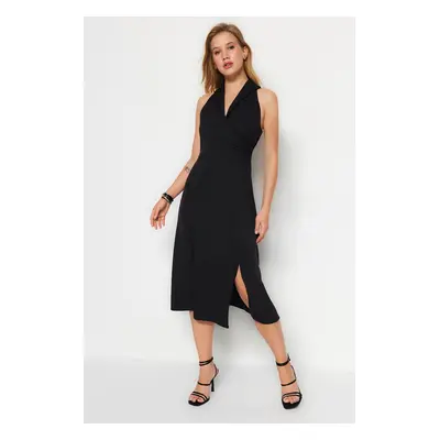 Trendyol Black Wraped Collar Detailed Slit A-line/Bell Form Midi szőtt ruha