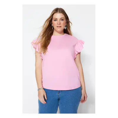 Trendyol Curve Pink Crew Neck Ruffle Sleeves 100% Cotton Knitted T-Shirt