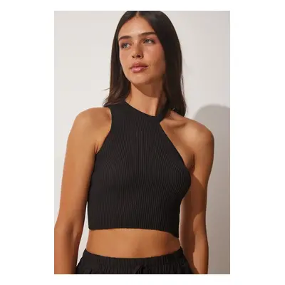 Happiness İstanbul Women's Black One-Shoulder Crop Knitwear Blouse