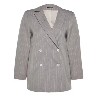 Trendyol Curve Grey Striped Double Closure Double Breasted Closure Lined Plus Size Woven Jacket