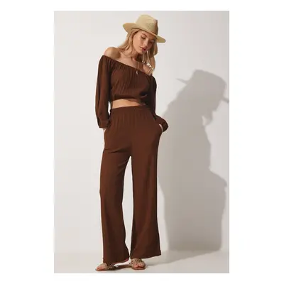 Happiness İstanbul Women's Brown Carmen Collar Crop Blouse, Pants Linen Suit