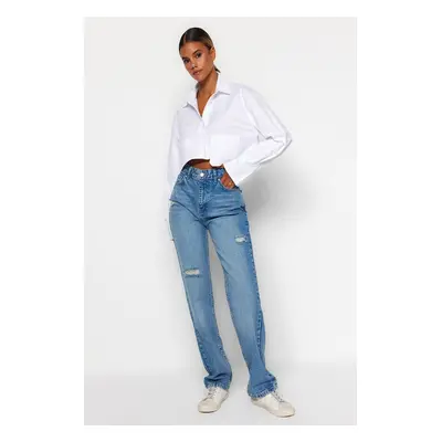 Trendyol Blue Ripped High Waist Long Straight Jeans