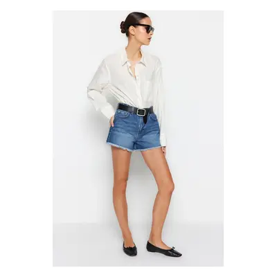 Trendyol Dark Blue Slit Detailed High Waist Denim Shorts