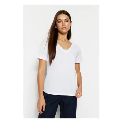 Trendyol White 100% Cotton Basic V-Neck Knitted T-Shirt