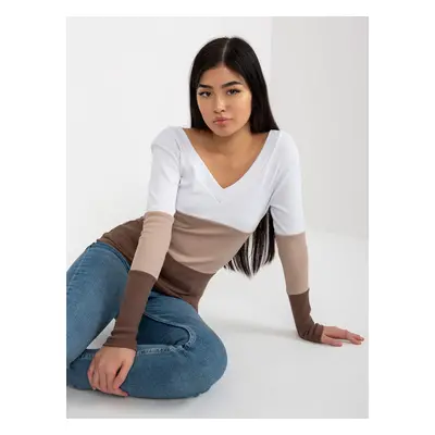 Basic white and brown ribbed blouse from RUE PARIS