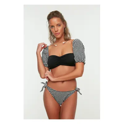 Trendyol Black Gingham Bikini alsók texturált nyakkendővel normál láb