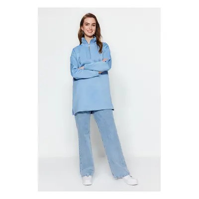 Trendyol Blue Zipper Stand-Up Collar Scuba Knitted Sweatshirt