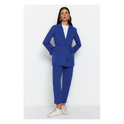 Trendyol Blue Tie Detailed Lined Crepe Jacket-Trousers Woven Two Piece Set