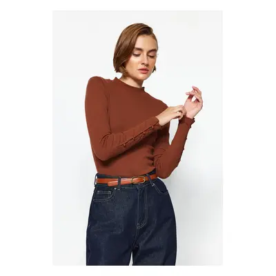 Trendyol Brown Buttoned Ribbed High Neck Fitted/Situated Cotton Stretch Knitted Blouse