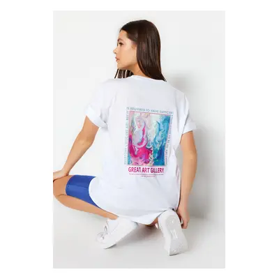 Trendyol White Printed on the Front and Back for Boyfriend/Wide Fit Knitted T-Shirt