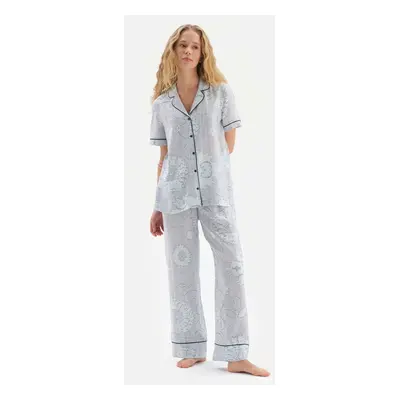 Dagi Blue Shirt Collar Tile Patterned Viscose Pajamas Set