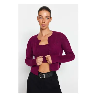 Trendyol Purple Crop Soft Textured Button Detailed Blouse Cardigan Knitwear Suit