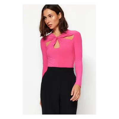 Trendyol Fuchsia Cut Out and Gathered Detail Fitted Bodysuit with Flexible Snaps Knit Body