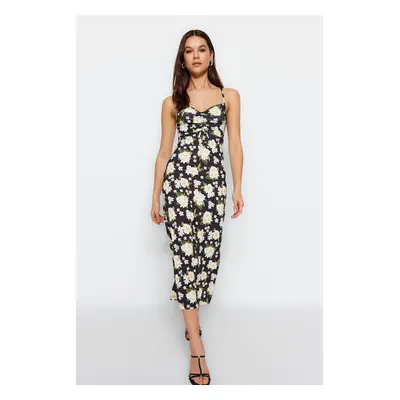 Trendyol Black Floral Pattern inges A-Line Midi Sweetheart nyakpántok, rugalmas kötött ruha