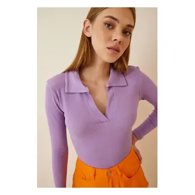 Happiness İstanbul Women's Lilac Polo Neck Ribbed Knitted Blouse