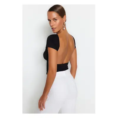 Trendyol Black Backless Crop Cotton Stretchy Knitted Blouse