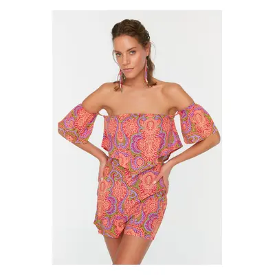 Trendyol Ethnic Pattern Carmen Collar Beach Blouse-Beach Shorts Set