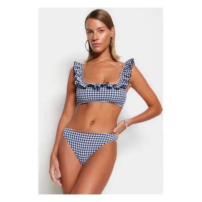 Trendyol Navy Blue Gingham texturált Bralette Flounceed Bikini Top