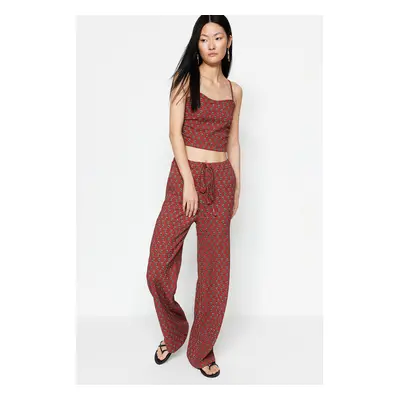 Trendyol Claret Red Printed Crop Strap Knitted Top and Bottom Set