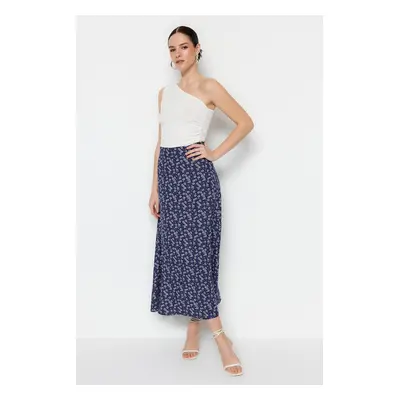 Trendyol Blue Floral Patterned Viscose Fabric Midi Length Woven Skirt