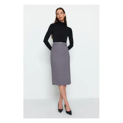 Trendyol Gray Straight Cut Slit Detailed Midi Woven Skirt