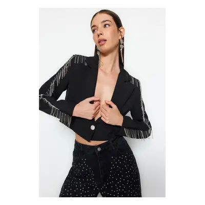 Trendyol Black Crop szőtt bélelt fényes kőkabát