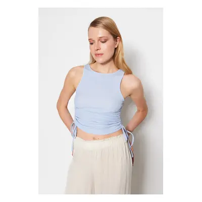 Trendyol Light Blue Shirring Detail Crescent Fabric Crop Knitted Blouse