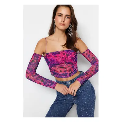 Trendyol Pink-Multicolored Crop Lined Tulle Printed Blouse