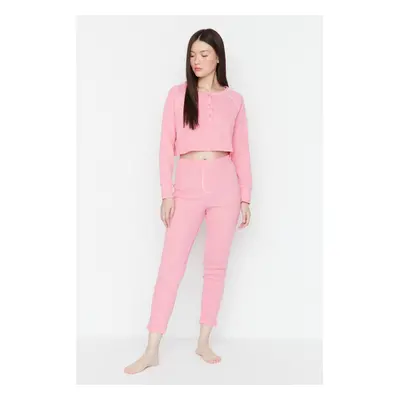 Trendyol Pink Button Detailed Crop Corduroy Pajamas Set