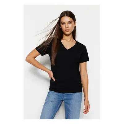 Trendyol Black 100% Cotton Basic V-Neck Knitted T-Shirt