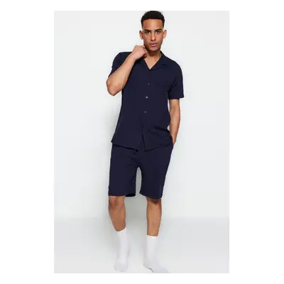 Trendyol Navy Blue Unisex Regular Fit Crochet Collar Pajama Set with Shorts