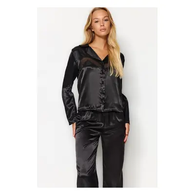 Trendyol Black Satin With Mesh Detail On The Chest Shirt-Pants Weave Pajamas Set