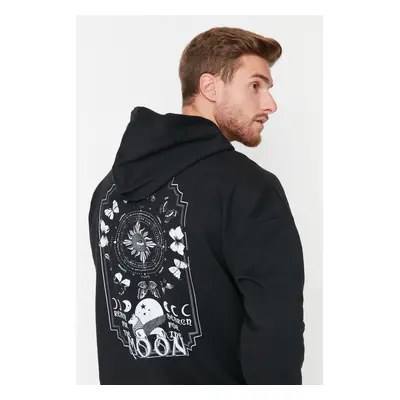 Trendyol Black Oversize/Wide Cut Hooded Space Printed Fleece/Warm Sweatshirt