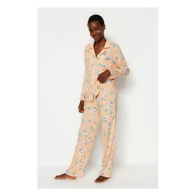 Trendyol Powder Rabbit Pattern Viscose Shirt-Pants Woven Pajamas Set