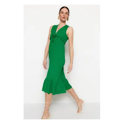 Trendyol Green V-Neck Flounce részletesen kidolgozott A-vonalú midi kötött ruha