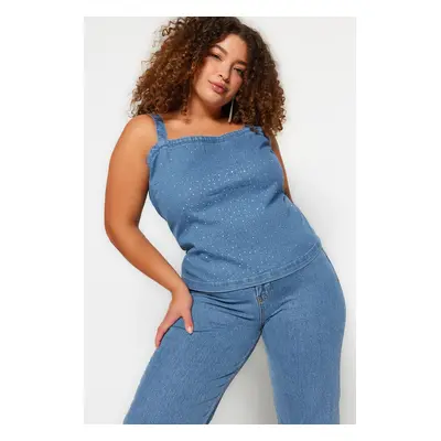 Trendyol Curve Blue Stone Detailed Crop Denim Blouse