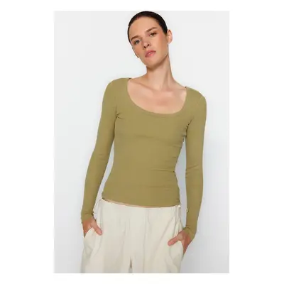 Trendyol Khaki Faded/Faded Effect Ribbed Pool Neck Fitted Cotton Stretch Knitted Blouse