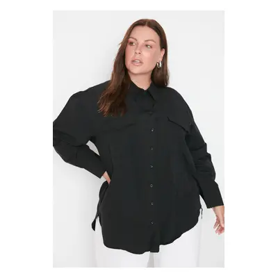 Trendyol Curve Black Cotton Long Sleeve Double Pocket Skirt Slit Poplin Woven Plus Size Shirt