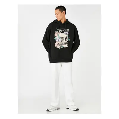 Koton Hooded Oversize Sweatshirt Raised Skull Printed