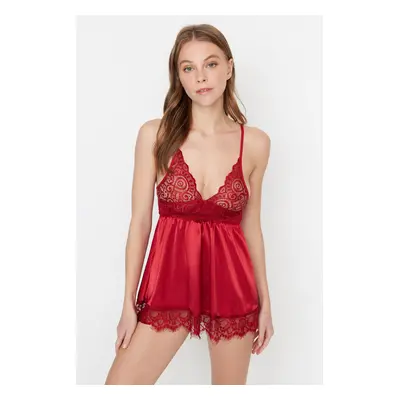 Trendyol Burgundy Satin Lace Detailed Rope Strap Knitted Babydoll