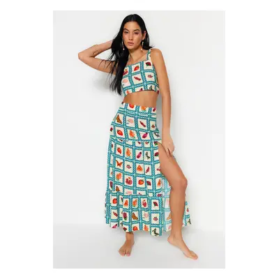 Trendyol Fruit Patterned Woven Slit Blouse and Skirt Set