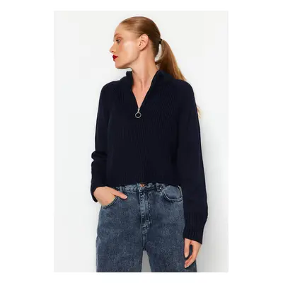 Trendyol Navy Blue Crop Zipper Detailed Knitwear Sweater