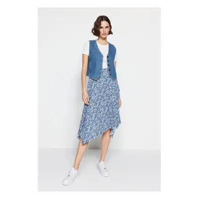 Trendyol Indigo Patterned Flounce Asymmetric High Waist Midi Flexible Knitted Skirt