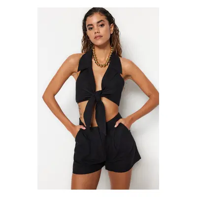 Trendyol Black Woven Tie Blouse and Shorts Set